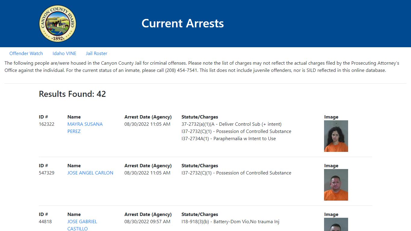 Current Arrests - Canyon County, Idaho